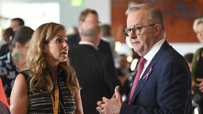 Australia’s eSafety Commissioner Julie Inman Grant talks with Prime Minister, Anthony Albanese at the UN International Women’s Day Parliamentary. Picture: NCA NewsWire / Martin Ollman
