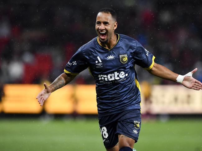 Mariners star Marco Tulio celebrates at Coopers Stadium.. Picture: Mark Brake/Getty Images