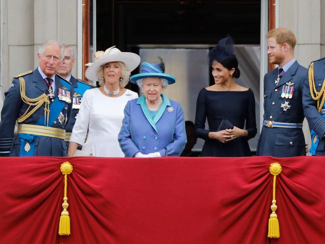 The Queen, flanked by Prince Charles, Prince of Wales and Camilla, Duchess of Cornwall on her right and Meghan, Duchess of Sussex and Prince Harry on her left. Picture: Tolga Akmen