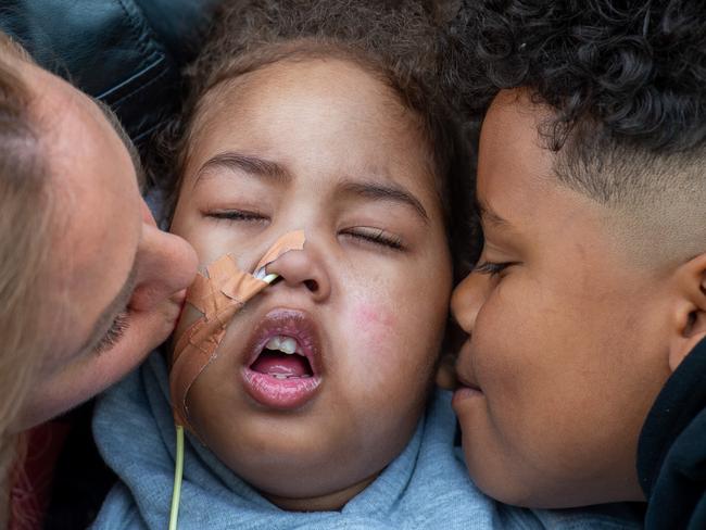 Jahleel Marsh the 3 year old who needs $200,000 gene therapy in Poland. Jahleel with his Mum, Bec, and bother, Kaleed Lekey (11), at Very Special Kids.Picture Jay Town