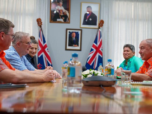Prime Minister Anthony Albanese in the Cook Islands. This afternoon I met with Prime Minister Natano of Tuvalu, President Maamau of Kiribati, and Prime Minister Brown of Cook Islands, the host of this year’s Pacific Islands Forum. Picture: @Albo MP / X,