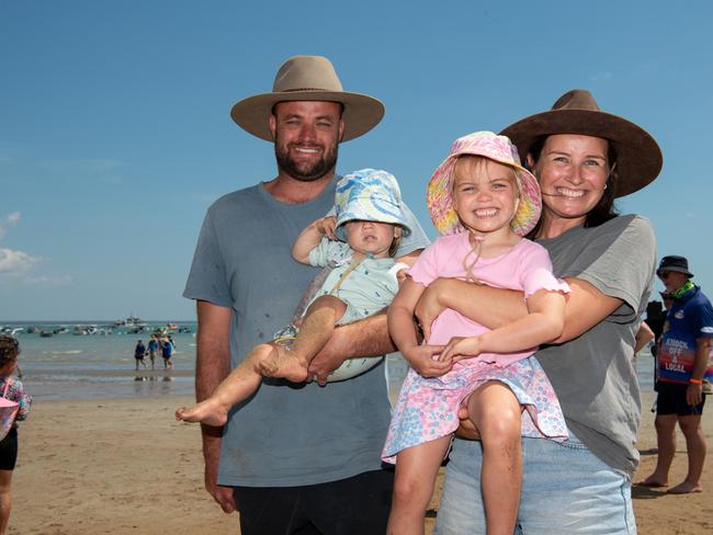 Russell Stephens, Mikeely Stephens, Ayla Stephens and Dustin Stephens at the Darwin Beer Can Regatta at Mindil Beach, 2024. Picture: Pema Tamang Pakhrin