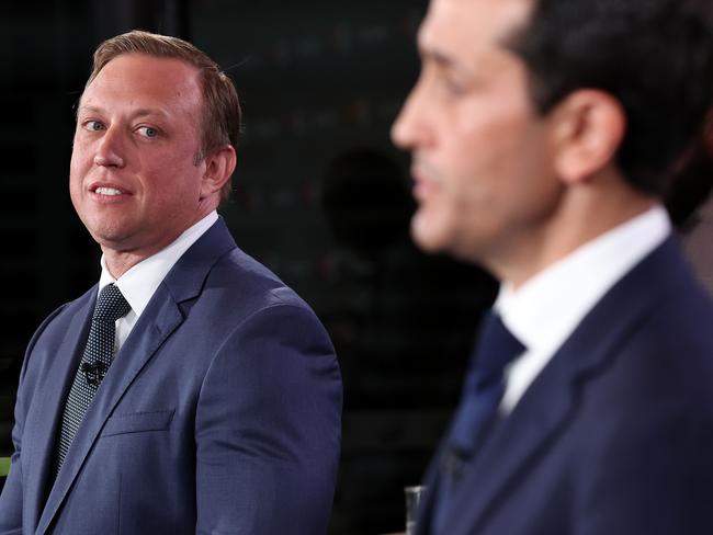 Premier Steven Miles and Opposition Leader David Crisafulli go head to head in the final election debate in front of 100 undecided voters at Suncorp Stadium. Pics Adam Head