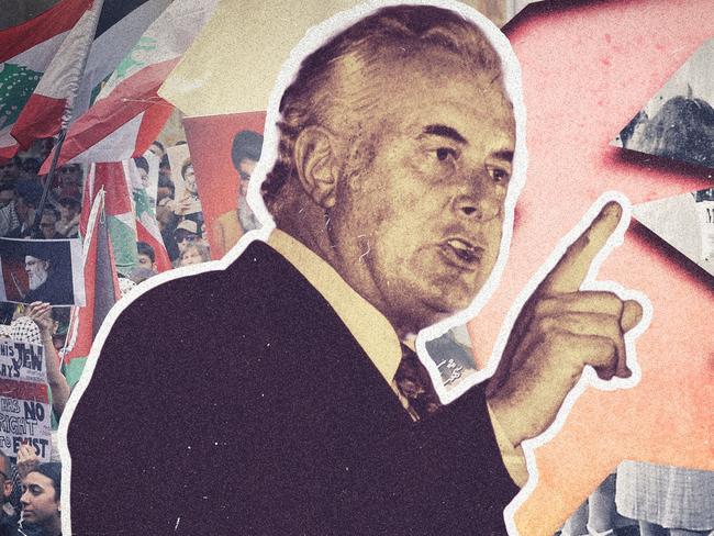 (Ratio 4x3) 24 January 2025; A collage of Edward Gough Whitlam in front of torn images between protestors and migrants, failure of multiculturalism in Australia, Edward Gough Whitlam. Sources: Supplied, iStock and Pixabay. Artwork by Frank Ling. For DIGITAL.
