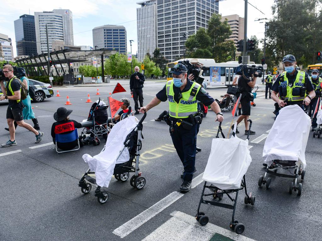 Police eventually directed the protesters to move off the road. Picture: NCA NewsWire/Brenton Edwards