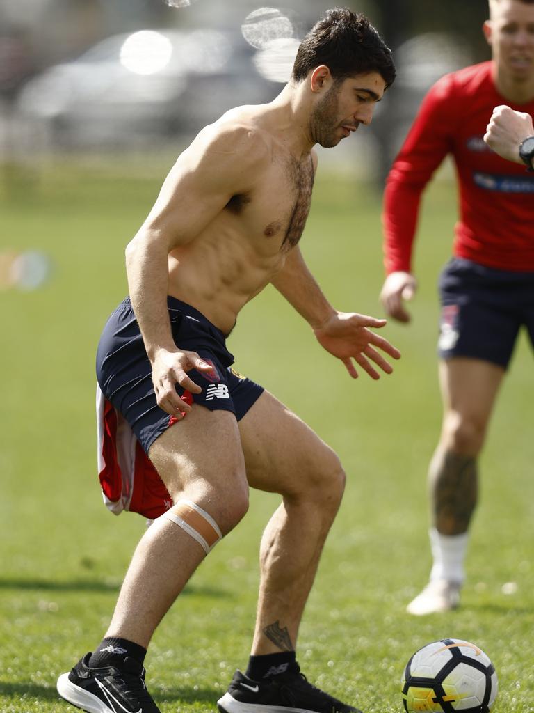 Petracca took part in Melbourne’s main session on Monday, which involved a soccer game. Picture: Darrian Traynor/Getty Images