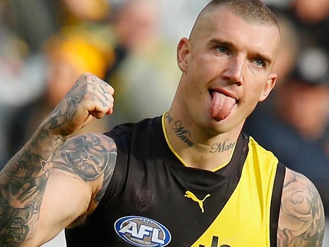 MELBOURNE, AUSTRALIA - APRIL 14:  Dustin Martin of the Tigers celebrates his 5th goal during the round four AFL match between the Richmond Tigers and the Brisbane Lions at Melbourne Cricket Ground on April 14, 2018 in Melbourne, Australia.  (Photo by Darrian Traynor/Getty Images)