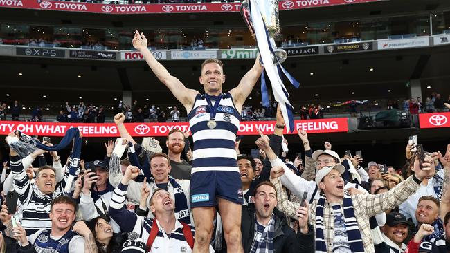 Geelong premiership captain Joel Selwood celebrates with fans following the 2022 Grand Final, played in the traditional 2.30pm slot. Picture: Michael Klein