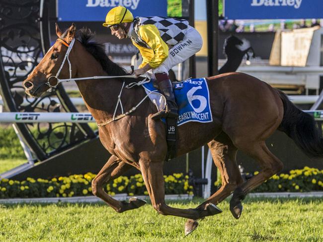 Jockey Hugh Bowman and Clearly Innocent combine to win the Group 1 Kingsford Smith Cup. Picture: AAP