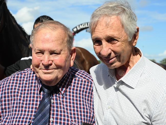 Former Brisbane racing trainer Barry Baldwin (left) and good friend Lucky Pippos. Picture: Grant Peters, Trackside Photography.