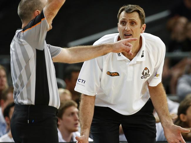 NBL Basketball. Melbourne United V's Cairns Taipans at Hisense Arena. Melbourne United coach Chris Anstey pleads with the ref . Pic: Michael Klein