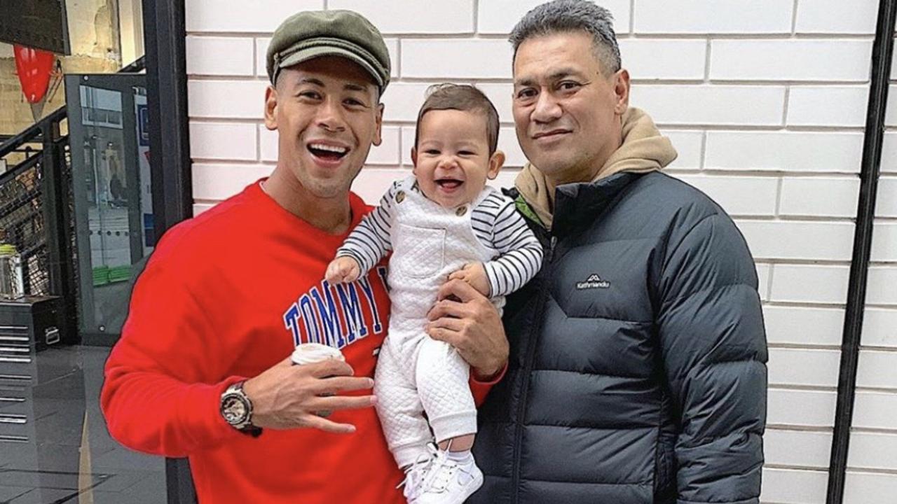Broncos star Jamayne Isaako, son Isaiah and father Taai. Picture: Instagram @jamaynisaako