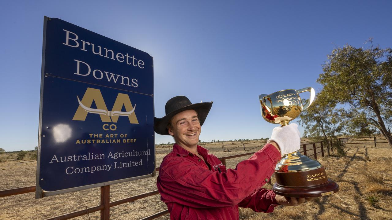 AACo owned, Brunette Downs operations manager Sean Torta holds the Melbourne Cup at the station’s race course near Tennant Creek, Northern Territory. Picture: Alex Coppel