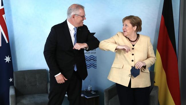 Australian Prime Minister Scott Morrison attends a bilateral meeting with Germany’s Chancellor Angela Merkel on the sidelines of the G7 in Cornwall, United Kingdom on Sunday, June 13, 2021. Picture: Adam Taylor/PMO