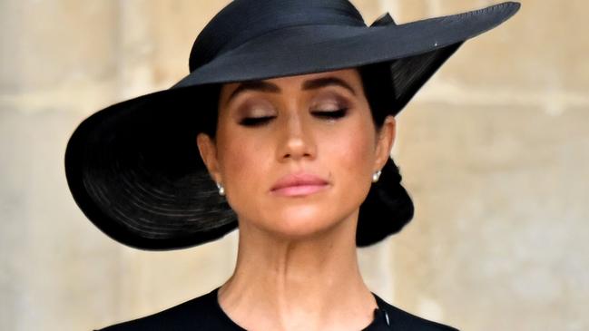 Meghan Markle sheds a tear at the Queen’s funeral. Picture: Tim Rooke/Shutterstock