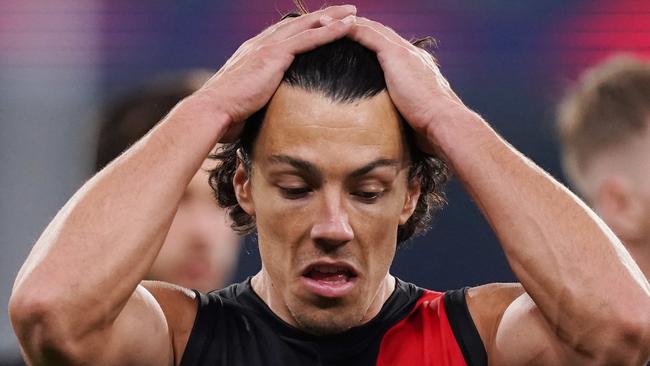 Dylan Shiel of the Bombers looks dejected after defeat during the Round 4 AFL match between the Essendon Bombers and the Carlton Blues at the MCG in Melbourne, Saturday, June 27, 2020. (AAP Image/Michael Dodge) NO ARCHIVING, EDITORIAL USE ONLY