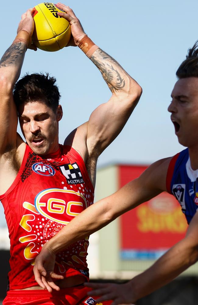 Alex Sexton of the Suns marks the ball during the 2023 VFL Round 10 match between the Gold Coast Suns and the Footscray Bulldogs at TIO Stadium. (Photo by Michael Willson/AFL Photos via Getty Images)