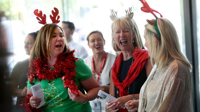 Australia Post executive Nicole Sheffield, Susan Davies and CEO Christine Holgate at a staff function in 2018. Picture: David Geraghty/The Australian.