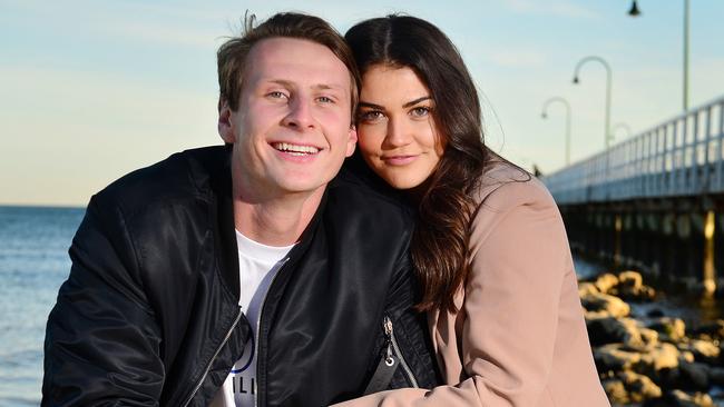 Big Brother contestant Daniel Gorringe and his girlfriend Ana Cannon at Lagoon Pier Port Melbourne. Picture: Nicki Connolly