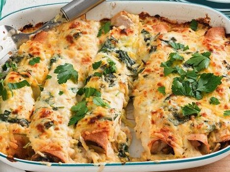 Chicken, mushroom and thyme enchiladas.