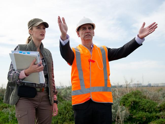 Hayley Butcher and Rob Sitch in a scene from the TV series Utopia. Supplied by ABC TV. Please credit photo to Hwa Goh.