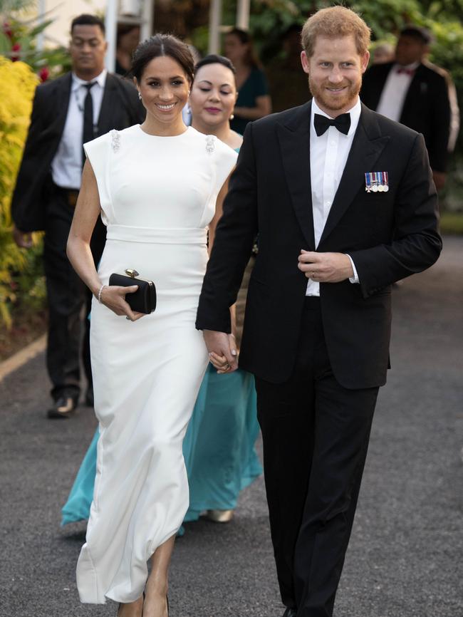 Suited up for a state dinner in Nuku'alofa. Picture: AP