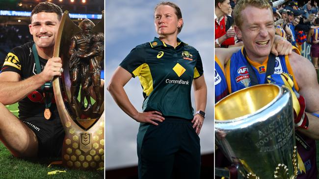 Panthers skipper Nathan Cleary, Australian women's cricket captain Alyssa Healy, and legendary Brisbane Lions skipper Michael Voss. Healy and her team stand comfortably in such company. Picture: Getty Images, News Corp Australia