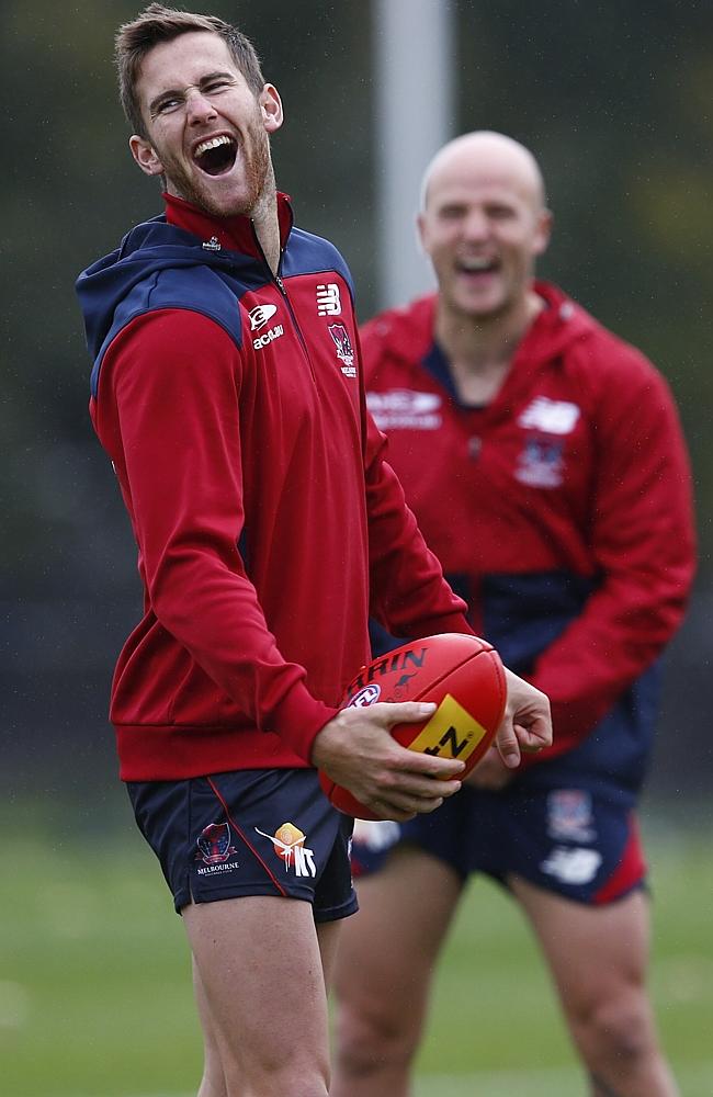 Jeremy Howe and skipper Nathan Jones have a laugh following their victory over Carlton in Round 4 Pic: Michael Klein.