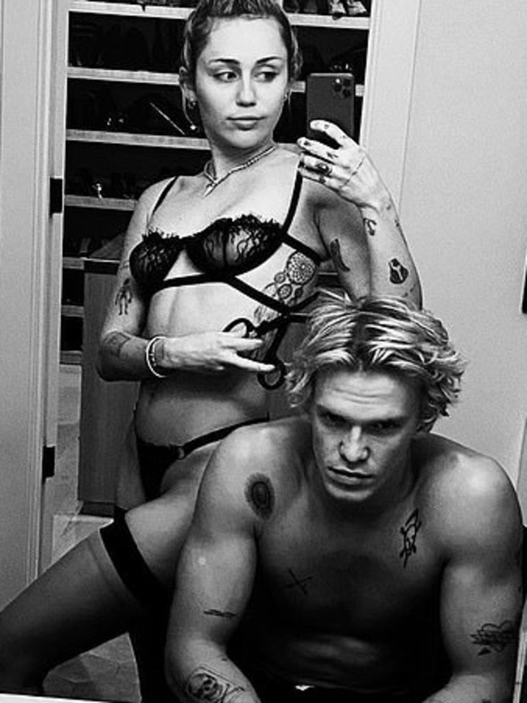 Miley Cyrus gives Cody Simpson a racy haircut in lingerie. Picture: Instagram