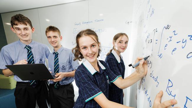 Mathematics students Daniel Probert, Aidan Chumbley, Hanina Ward and Neve Fleming from Matthew Flinders Anglican College who are preparing for the International Maths Olympiad to be held on the Sunshine Coast. Picture Lachie Millard