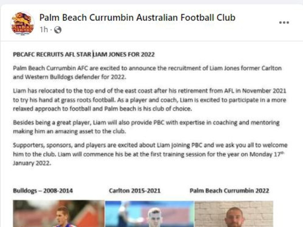 Palm Beach Currumbin AFC confirmed the signing of former AFL player Liam Jones.