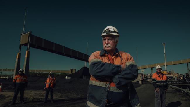 New Hope Coal employees Robby Sharp, Brent Stewart, Harry Redmond and Dale Sharp at the Port of Brisbane. Picture: Glenn Hunt