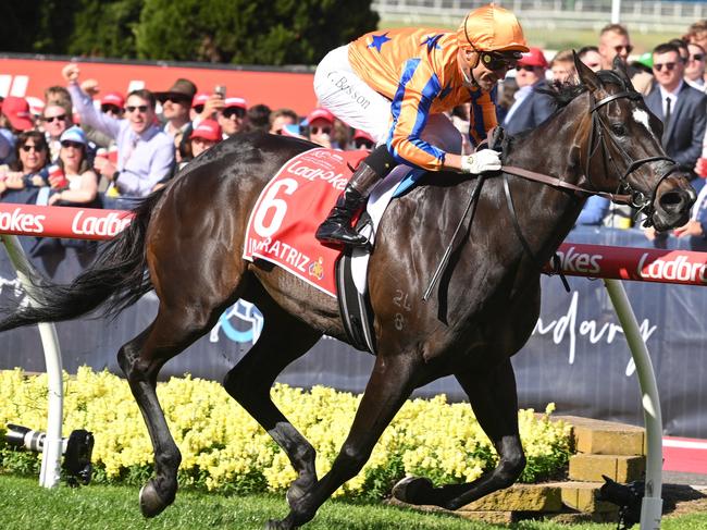 MELBOURNE, AUSTRALIA - OCTOBER 28: Opie Bosson riding Imperatriz winning Race 8, the Ladbrokes Manikato Stakes, during Melbourne Racing at Moonee Valley Racecourse on October 28, 2023 in Melbourne, Australia. (Photo by Vince Caligiuri/Getty Images)