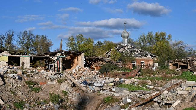 Destroyed buildings in Yats'kivka, on the east bank of the Oskil River, eastern Ukraine. Picture: AFP