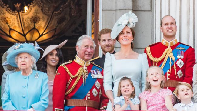 The Queen, The Duke and Duchess of Sussex, Prince Charles, Prince Harry, Duchess Catherine, Princess Charlotte, Savannah Phillips, Prince William and Prince George on the balcony of Buckingham Palace during Trooping The Colour on June 9 2018. Picture: Samir Hussein/WireImage