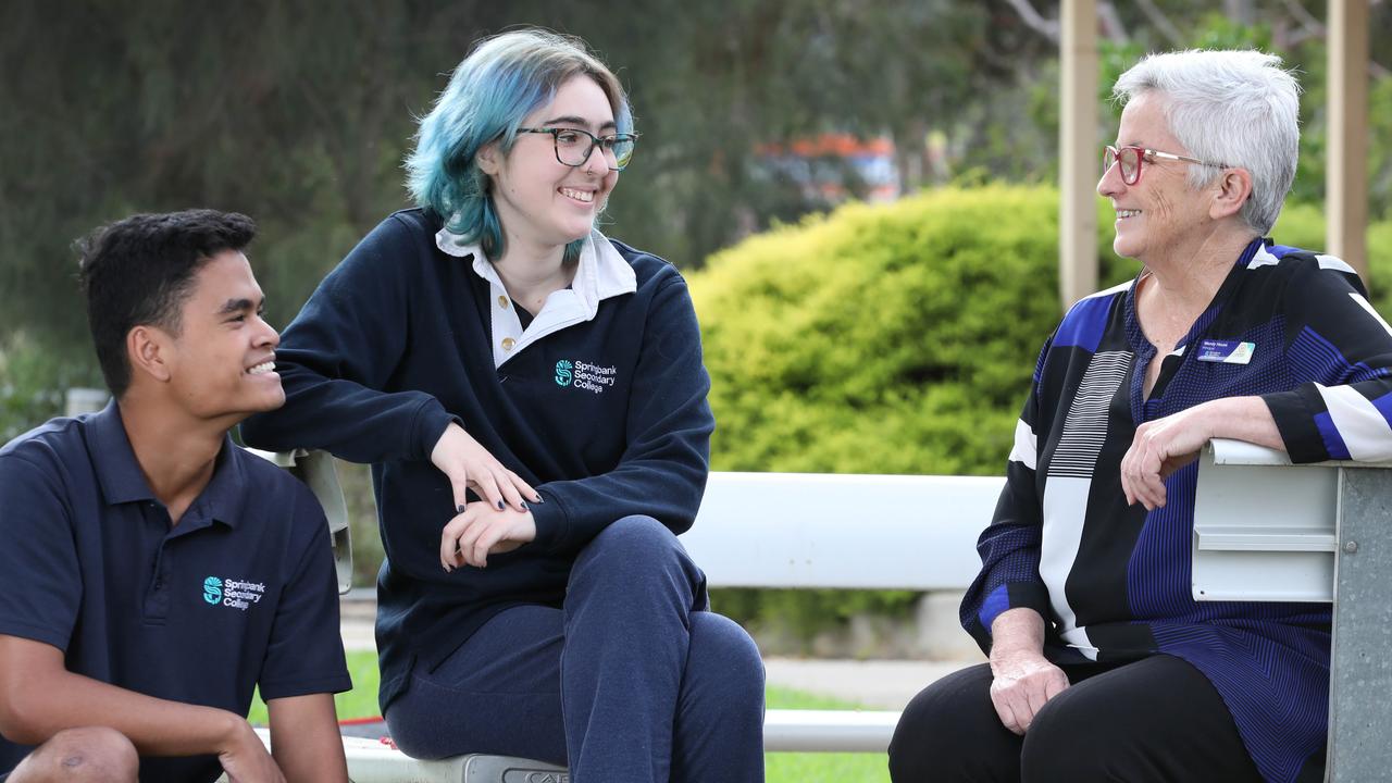 Principal Wendy House, Springbank Secondary College in Pasadena, with year 12 students, Eden Hamilton,17, and Sam Ormsby, 19. Picture Dean Martin