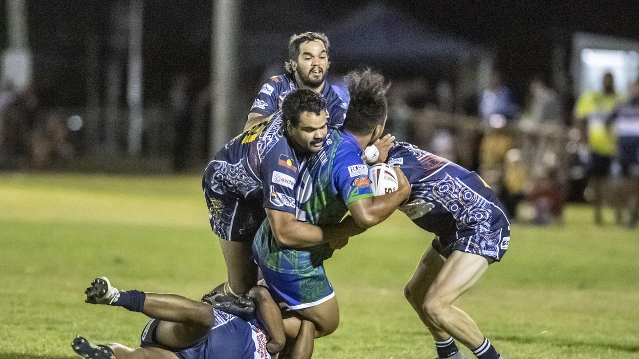 Sione Lopamaua for Pacific wrapped up by Emus. 2023 TRL Cultural Cup, SW Qld Emus vs Pacific Nations Toowoomba. Saturday, February 25, 2023. Picture: Nev Madsen.