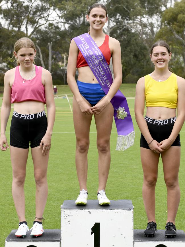 Lakara Stallan after winning the 120m under-18 girls final at the 2020 Kensington Gift, with Jade Dinan (second) and Pia Marschall (third). Picture: Naomi Jellicoe