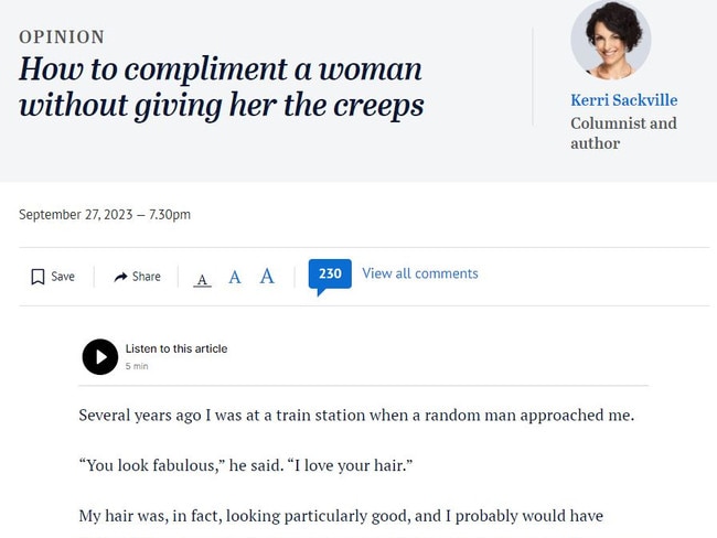 Author Kerri Sackville helpfully penned a response teaching men how to appropriately give a compliment. Picture: The Sydney Morning Herald.