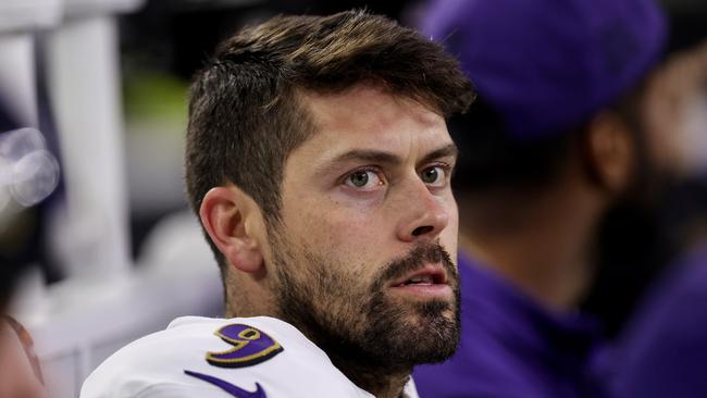 HOUSTON, TEXAS - DECEMBER 25: Justin Tucker #9 of the Baltimore Ravens sits on the bench in the second half against the Houston Texans at NRG Stadium on December 25, 2024 in Houston, Texas. (Photo by Tim Warner/Getty Images)