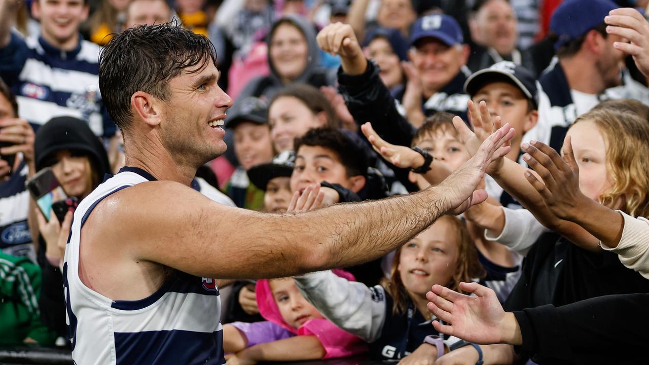 It was Tom Hawkins’ day at the MCG. (Photo by Dylan Burns/AFL Photos via Getty Images)