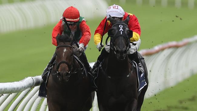 Jamie Kah and Kintyre (left) win the Group 3 Frank Packer Plate after a protest against Gold Bullion. Picture: Getty Images