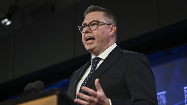 Defence Industry Minister Pat Conroy addresses the National Press Club in Canberra on Wednesday. Picture: NewsWire / Martin Ollman