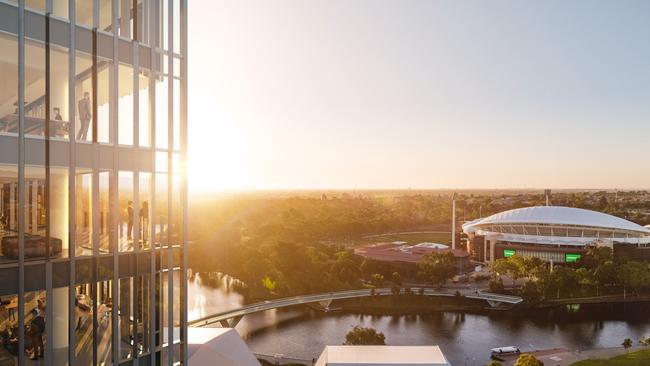 A 2021 artist's impression taking a bird's eye view of floors in the Festival Tower then being built by Walker Corporation. Picture supplied by Walker Corporation and Flinders University