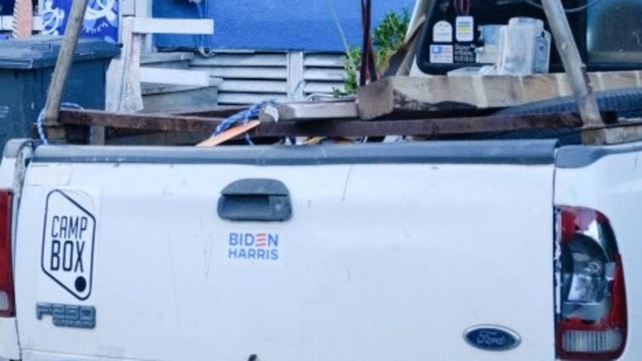 The alleged gunman who targeted former President Trump had a Biden-Harris bumper sticker on the back of a pickup truck at his home in Kaaawa, Hawaii. Picture: X