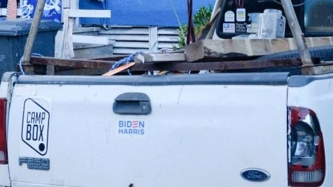 The alleged gunman who targeted former President Trump had a Biden-Harris bumper sticker on the back of a pickup truck at his home in Kaaawa, Hawaii. Picture: X