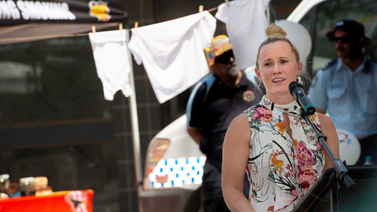 Dr Angela Jay speaks at the Dirty Laundry rally in Coffs Harbour's City Square. Picture: Trevor Veale