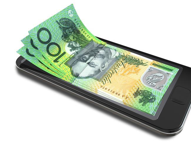 A concept image of a generic smart phone with digital on screen money changing into real australian dollar banknotes signifying cell phone payment systems on an isolated white studio background