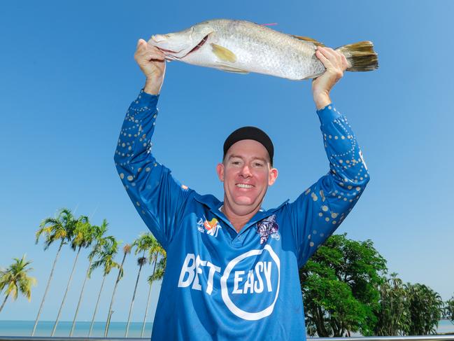 Jamie McGuiness with a tagged barra part of the Million Dollar Fish competition, caught at King Ash Bay in November. Picture: Glenn Campbell