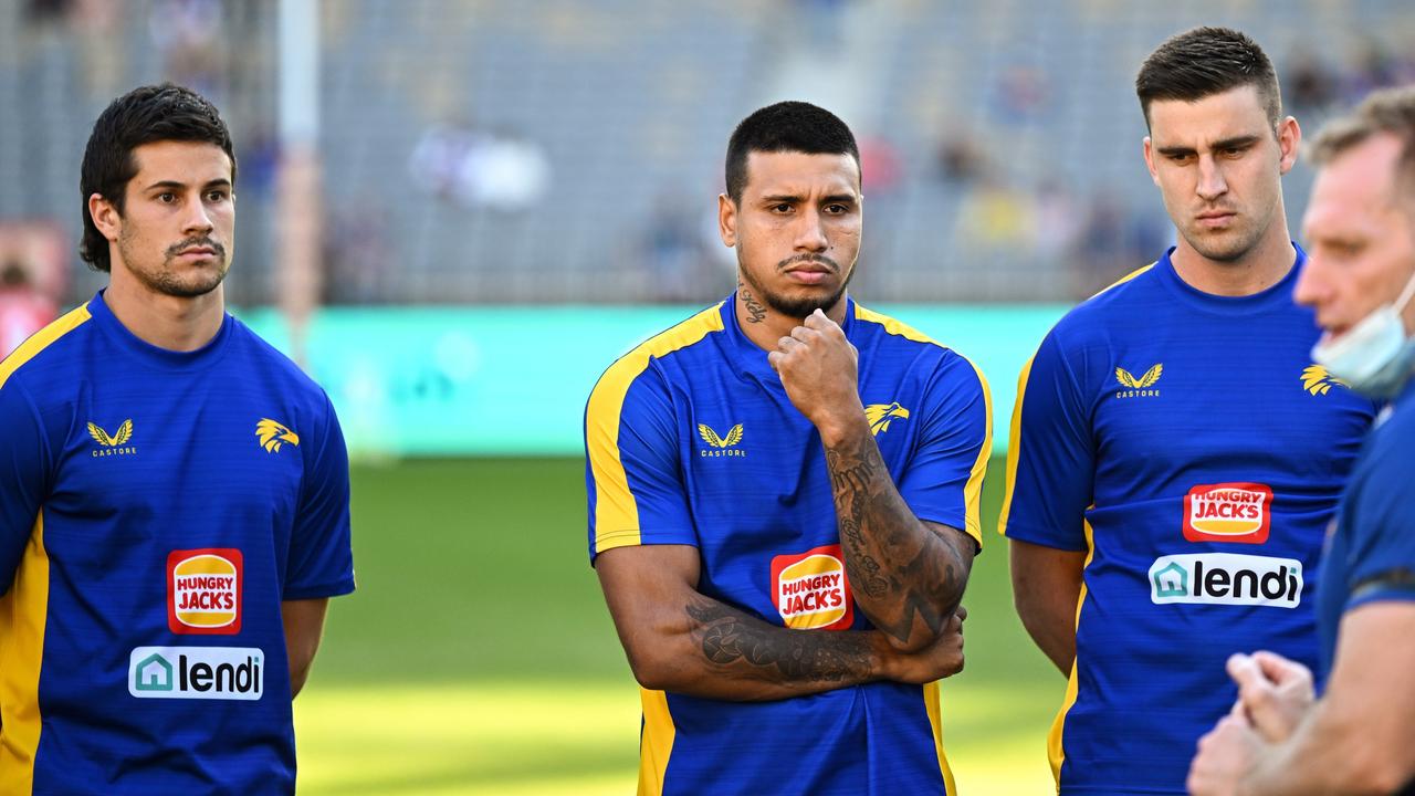 Eagles Liam Duggan, Tim Kelly and Elliot Yeo. Picture: Daniel Carson/AFL Photos